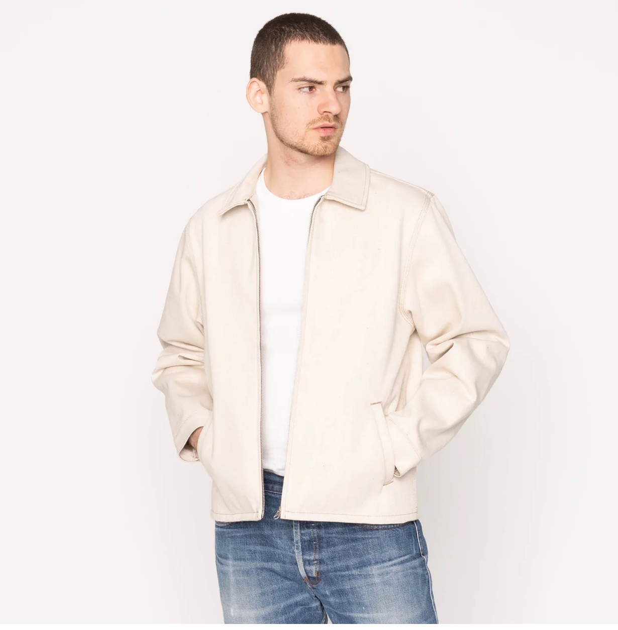 Naked & Famous Zip Jacket - All Natural Ecru Foxfibre® Selvedge Naked & Famous Zip Jacket - All Natural Ecru Foxfibre® Selvedge